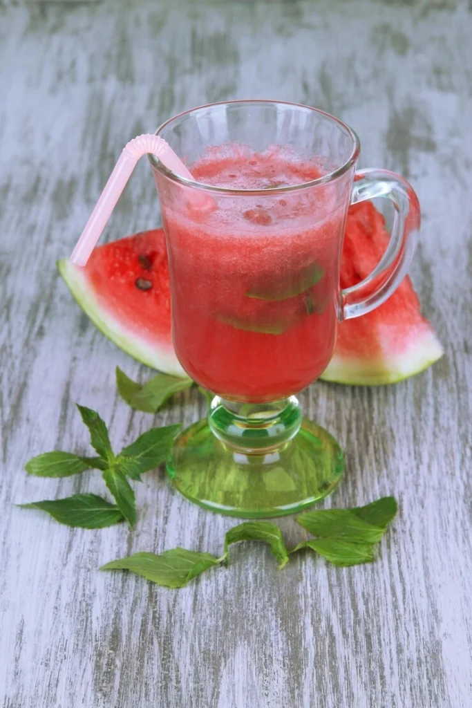 Icy Watermelon Mint Mojito with fruit chunks and basil on a sunny table.