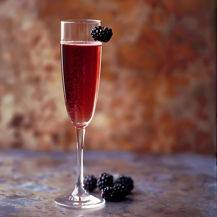 A chilled flute of Kir Royal cocktail with a rich ruby hue, topped with a lemon twist and subtle bubbles, set against a dark stone background.