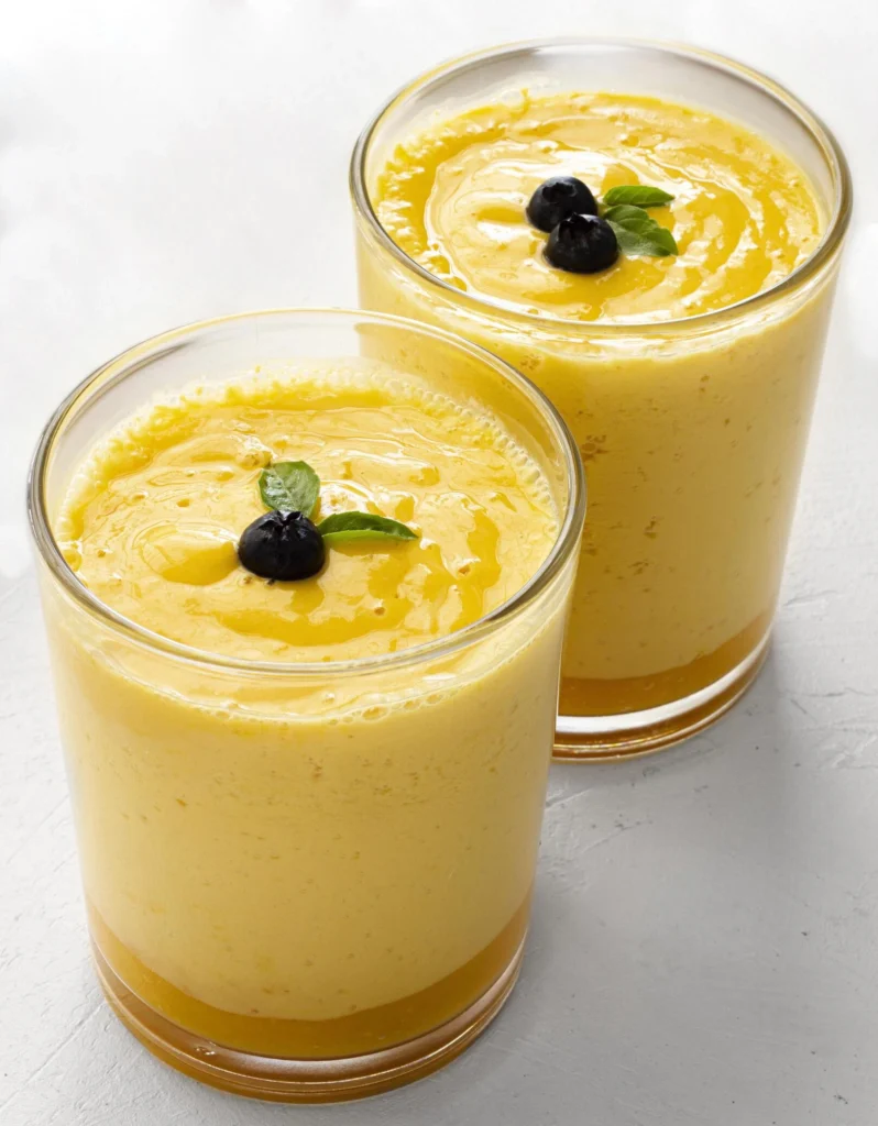 Glass of mango lassi with visible mango pulp and mint leaves, served cold on a beachside table.