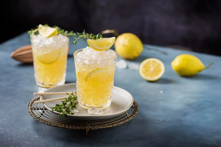 A chilled Yuzu Gin Fizz cocktail in a tall glass, garnished with a fresh yuzu slice and mint sprig.