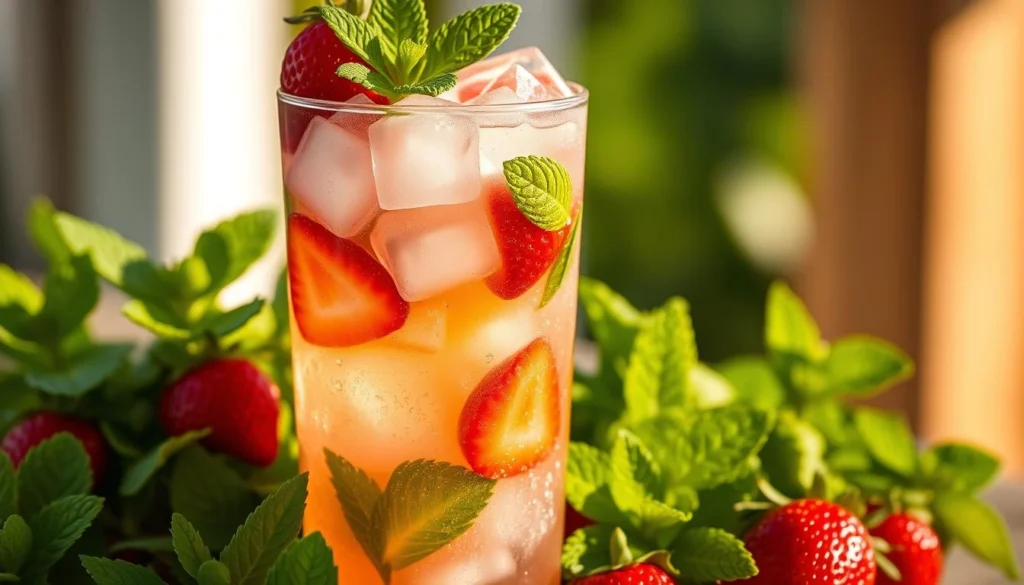 Strawberry mojito cocktail with lime wedges and mint leaves on wooden table