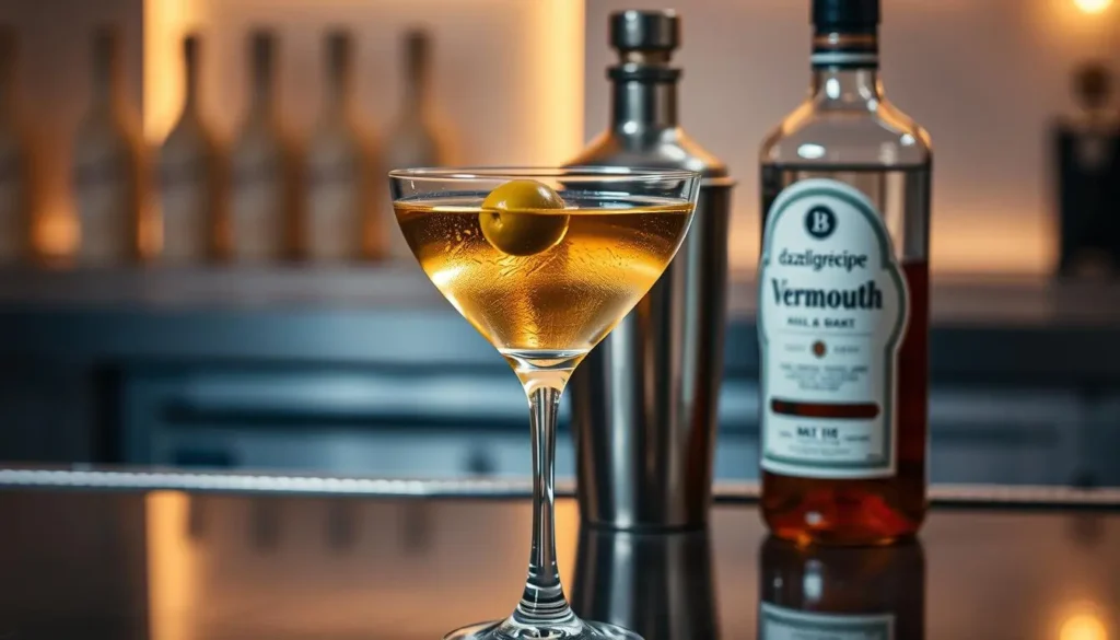 A chilled Sauvignon Blanc martini garnished with a lemon twist, served in a classic martini glass with a bottle of white wine in the background.