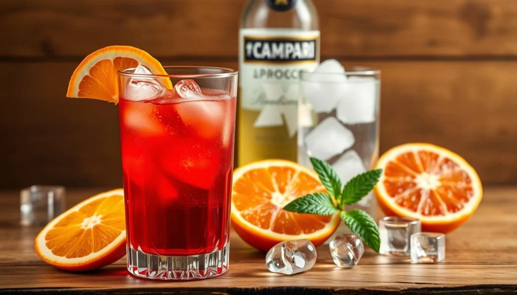 Orange Campari cocktail with mint and citrus garnish on a sunlit outdoor table.