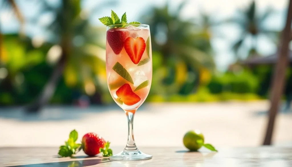 Strawberry Mojito Cocktail: served in a tall glass with a straw and mint garnish
