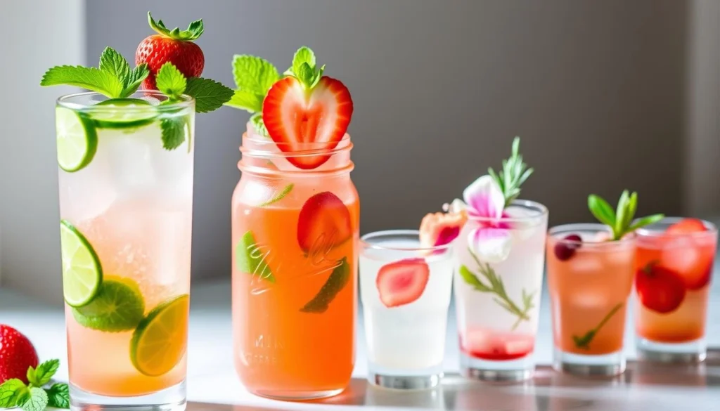 Colorful strawberry mojito cocktail with sugar rim and mint garnish
