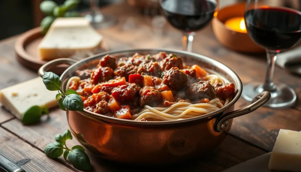 Spaghetti wrapped around a fork, lifted from a bowl of rich, meaty ragu sauce.
