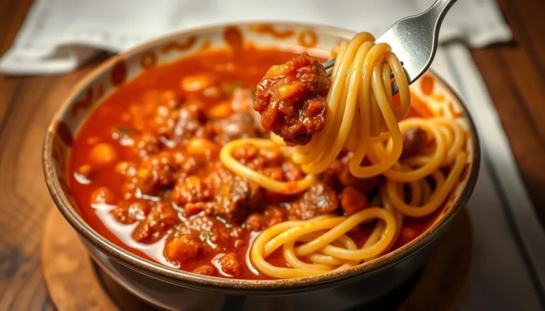 A close-up of a bowl of pasta with thick, rich ragu sauce, featuring visible ground meat and tomato chunks, with a fork twirling spaghetti above the bowl.