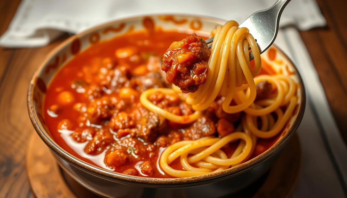 A close-up of a bowl of pasta with thick, rich ragu sauce, featuring visible ground meat and tomato chunks, with a fork twirling spaghetti above the bowl.