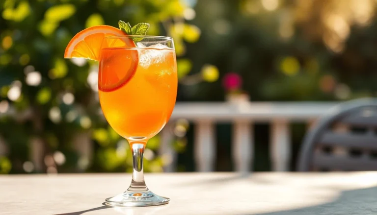 Campari Orange cocktail with orange slice and mint garnish in a wine glass on a sunny outdoor table.