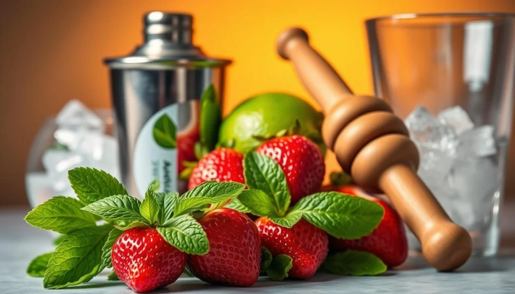 Strawberry mojito cocktail served in a tall glass with a straw and mint garnish