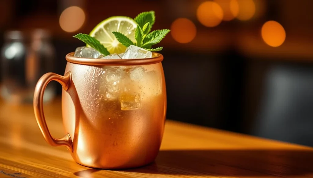 Summer-ready Moscow Mule cocktail in a glass tumbler with ice, lime, and mint.