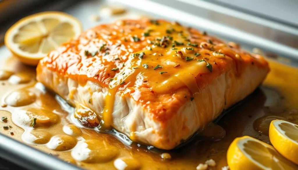 Close-up of a juicy garlic butter lemon baked salmon fillet on a baking tray, garnished with herbs and surrounded by lemon wedges.