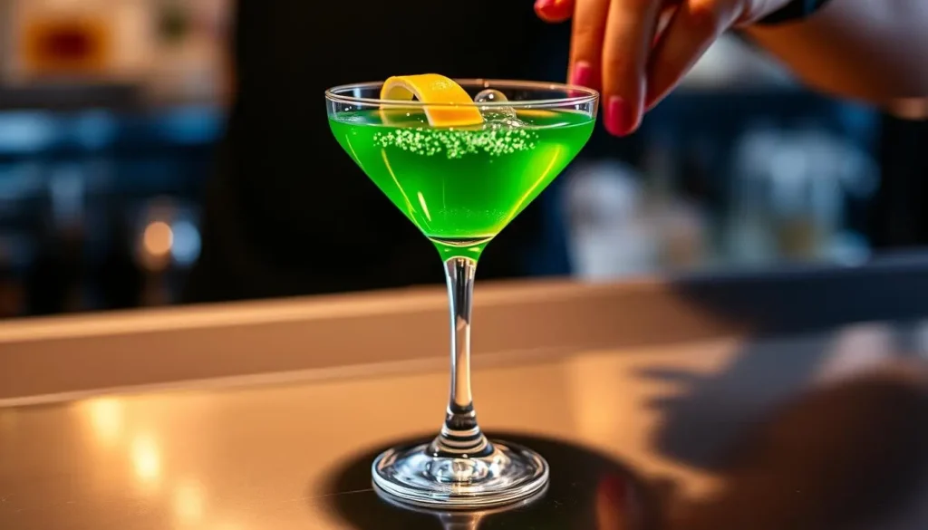 A chilled Sauvy B Martini garnished with a lemon twist, served in a classic martini glass with a bottle of white wine in the background.