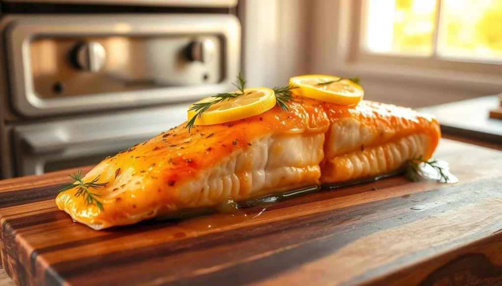 Salmon fillet glistening with lemon glaze and garlic butter.