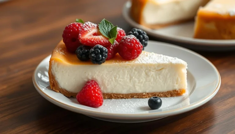 Ricotta cheesecake on a white plate, garnished with fresh berries and mint leaves