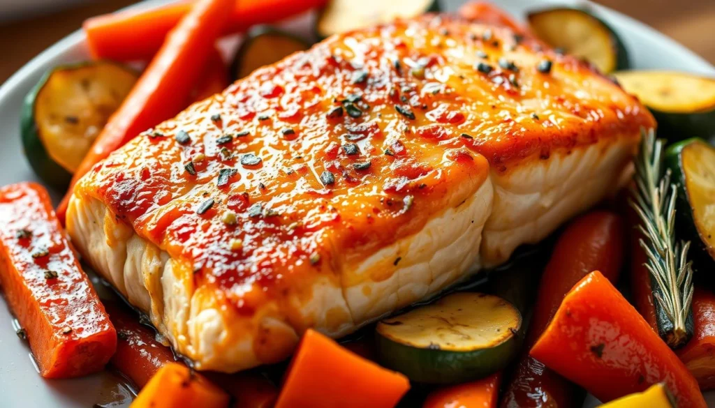 Baked salmon fillet covered in garlic butter sauce with lemon slices.