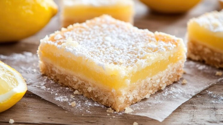 Golden crumbly lemon bars with creamy citrus filling stacked on a white plate.