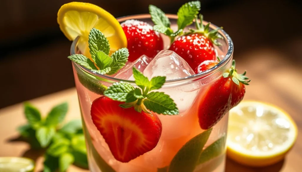 Glass of cocktail strawberry mojito with crushed ice and fresh mint