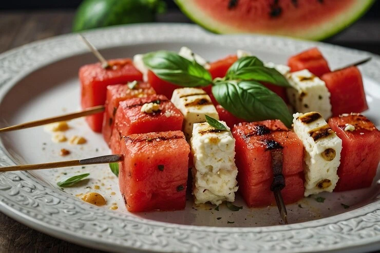 Healthy watermelon and feta skewers with grilled marks and basil.
