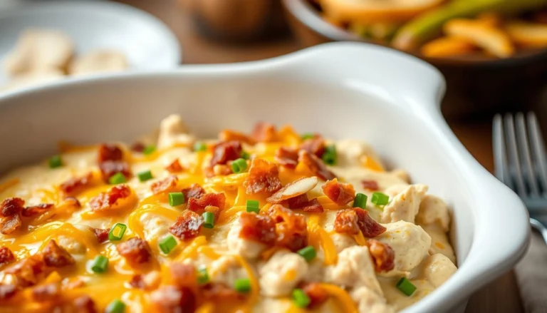 Creamy Neiman Marcus Chicken Casserole topped with golden Ritz cracker crumbs and fresh chives, served in a white baking dish.