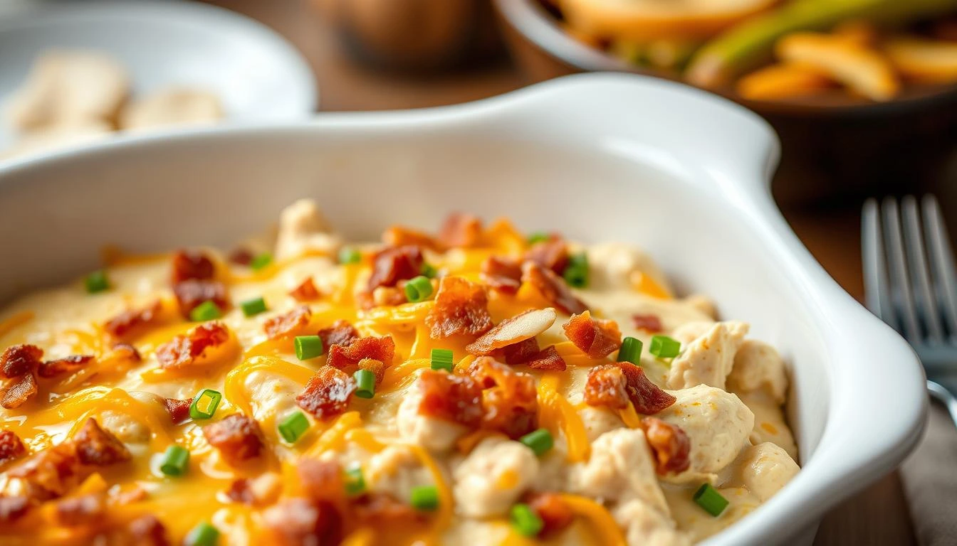 Creamy Neiman Marcus Chicken Casserole topped with golden Ritz cracker crumbs and fresh chives, served in a white baking dish.