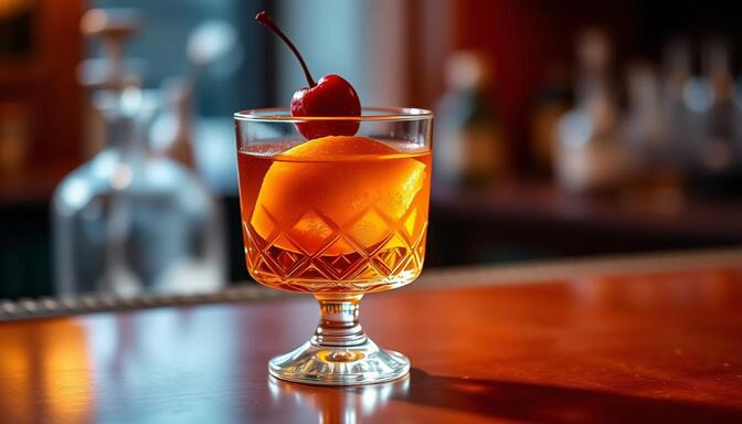 Elegant Manhattan cocktail in a martini glass with lemon peel garnish, ideal for classic cocktail lovers.