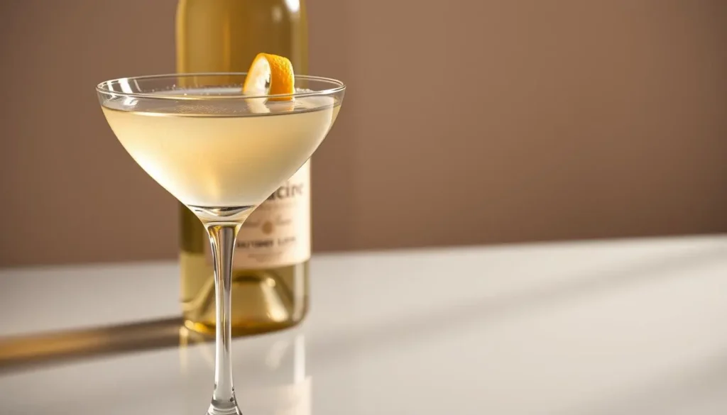 Elegant Sauvignon Blanc martini with lemon twist on a white counter, wine bottle in the background.
