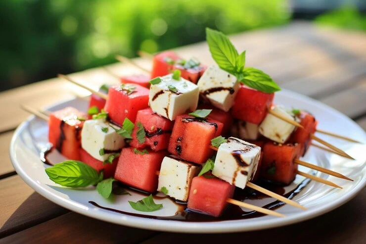 Grilled watermelon and feta skewers garnished with fresh mint leaves on a white plate.