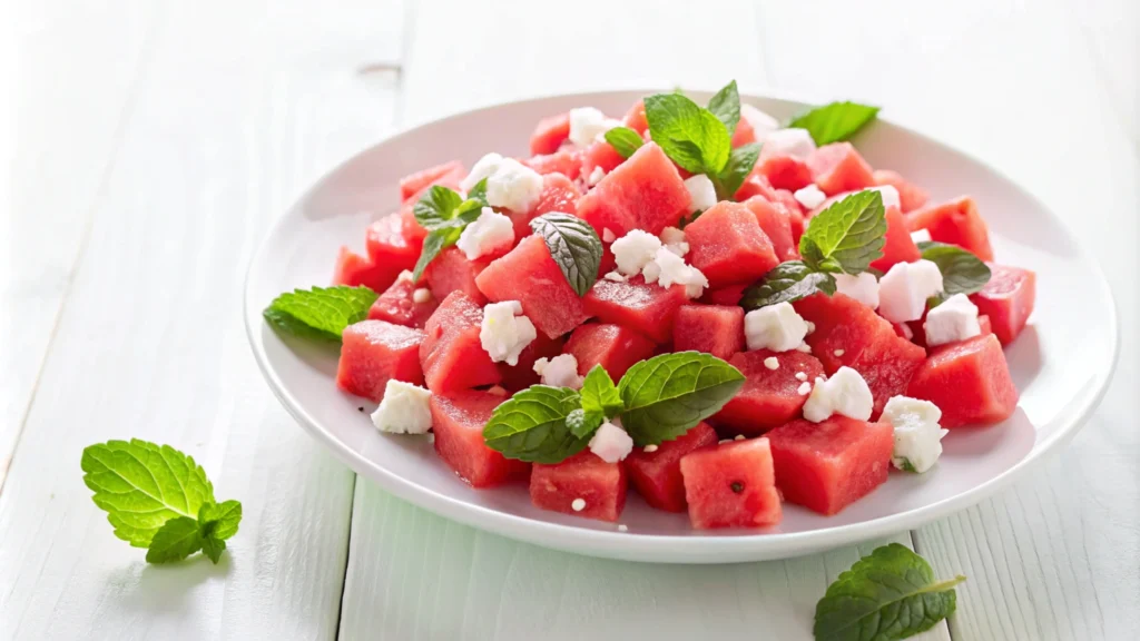 DIY grilled watermelon and feta skewers on white plate with glaze.