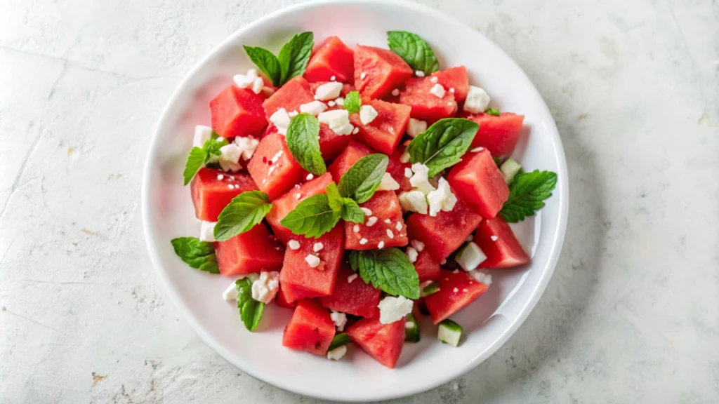 Summer appetizer of watermelon and feta skewers with fresh herbs.