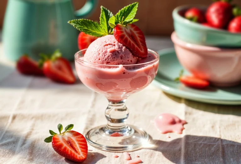 Scoop of strawberry rhubarb ice cream in a glass dish with fresh strawberries and mint garnish.