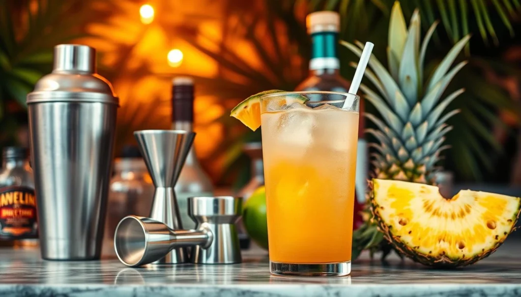 Mai Tai cocktail on sandy beach with ocean view and tropical flower decoration.