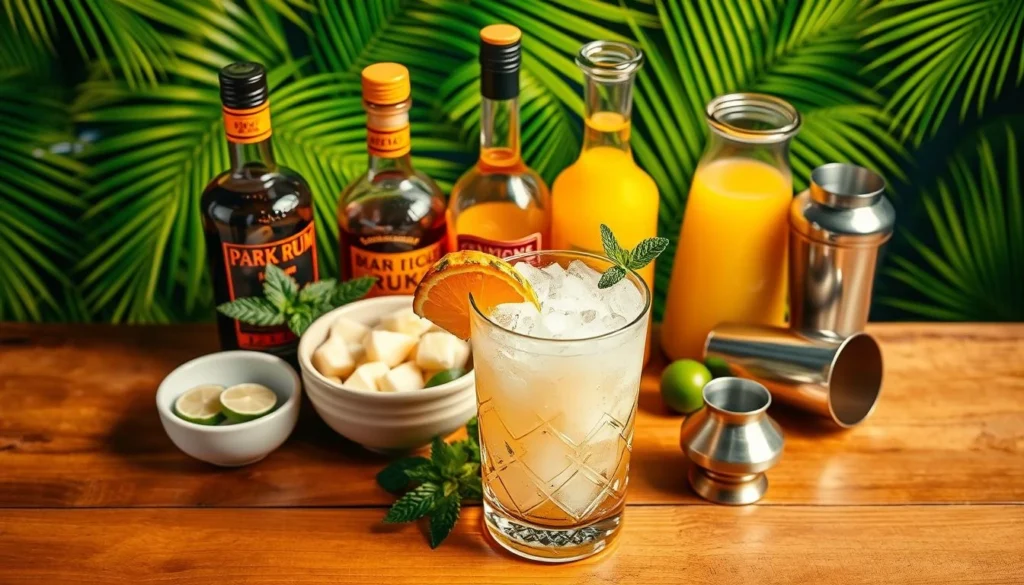 Elegant Mai Tai cocktail served in a curved glass with delicate floral garnish and ice cubes.