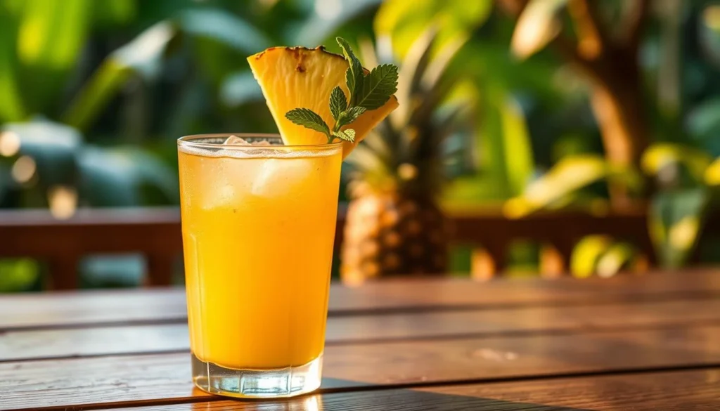 Colorful Mai Tai with fresh lime, orange, and cherry garnish on a sunny outdoor table.