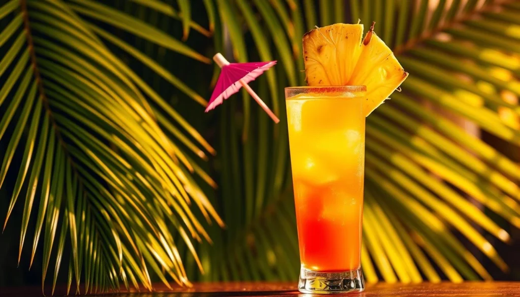 Mai Tai cocktail in a tiki glass with tropical fruit garnish and mint, surrounded by palm leaves.