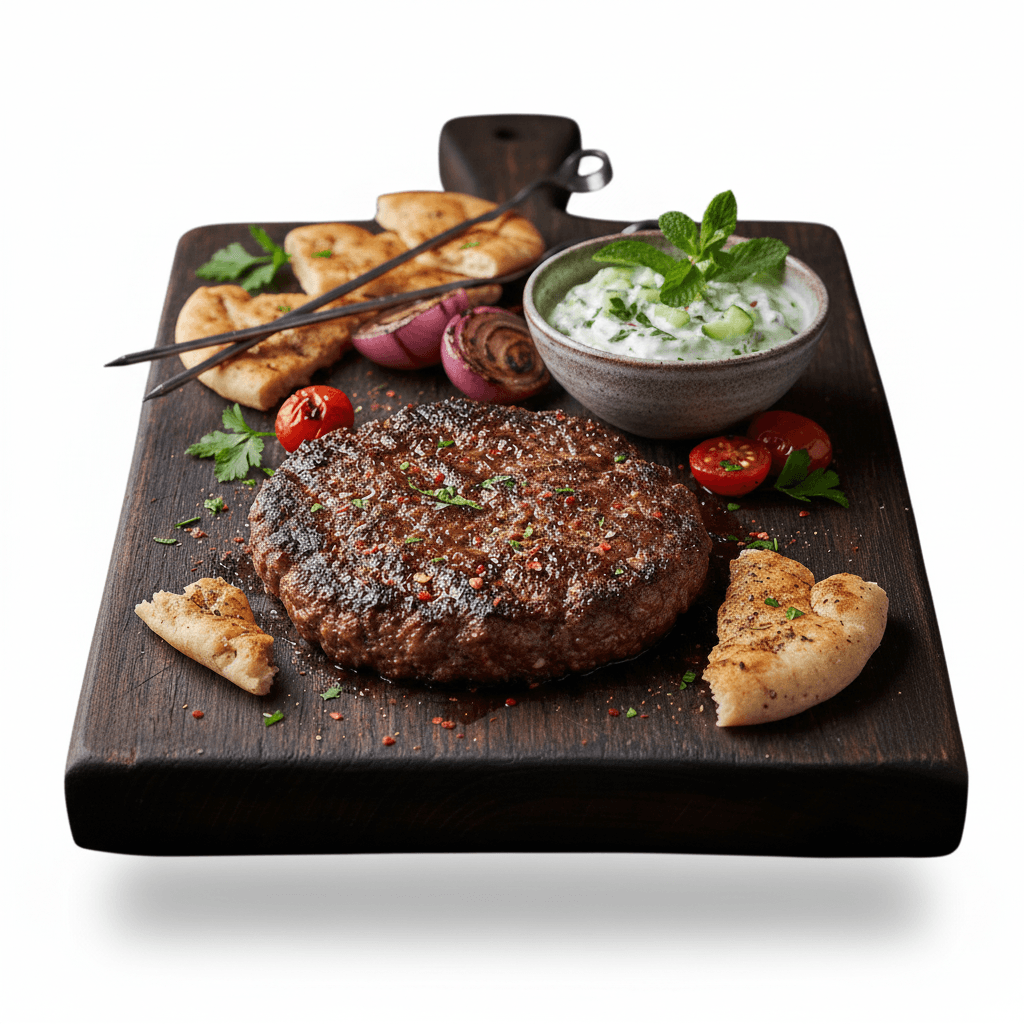 Smashed beef kebab served with creamy cucumber yogurt sauce
