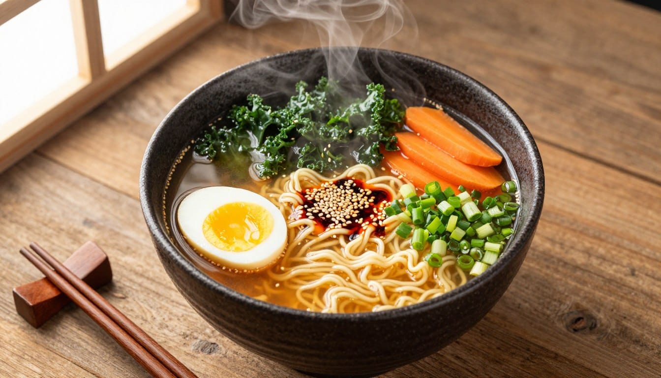 homemade ramen recipe with soft boiled egg, noodles, and green onions