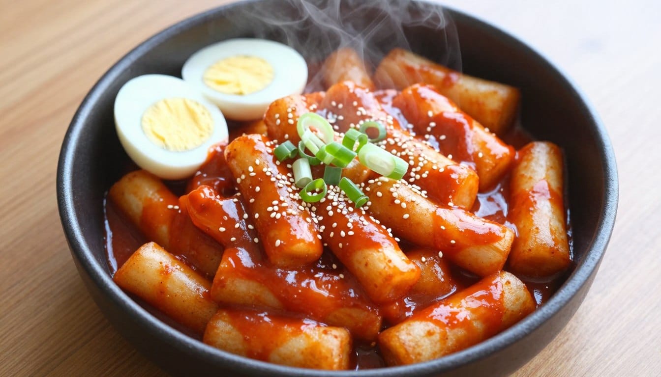 Spicy Korean tteokbokki made with chewy rice cakes in gochujang sauce, a popular Korean street food recipe