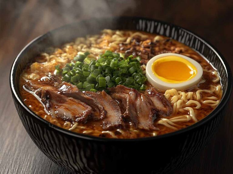A steaming bowl of homemade Birria Ramen featuring tender shredded beef, springy ramen noodles, rich spicy consommé, chopped cilantro, diced onions, jalapeños, and a lime wedge.