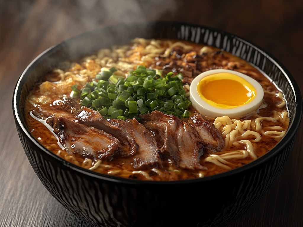 A steaming bowl of homemade Birria Ramen featuring tender shredded beef, springy ramen noodles, rich spicy consommé, chopped cilantro, diced onions, jalapeños, and a lime wedge.