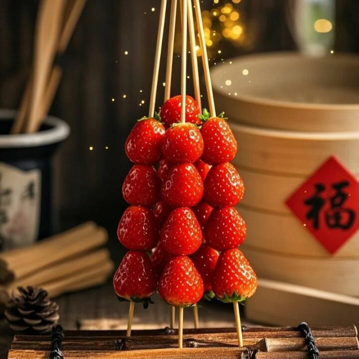 Stacked Tanghulu strawberry skewers with a shiny candy coating displayed in a pyramid shape on a wooden surface with a warm decorative background.