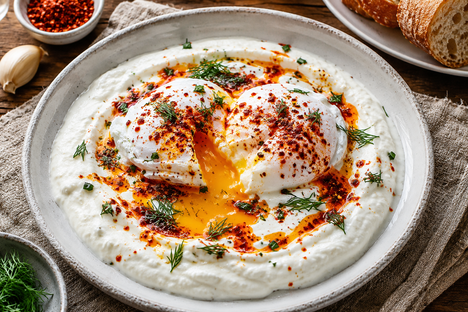 Overhead view of authentic Turkish Çılbır featuring two perfectly poached eggs served over creamy garlic yogurt and topped with melted chili butter, fresh dill, and red pepper flakes, accompanied by crusty bread on a rustic wooden table.