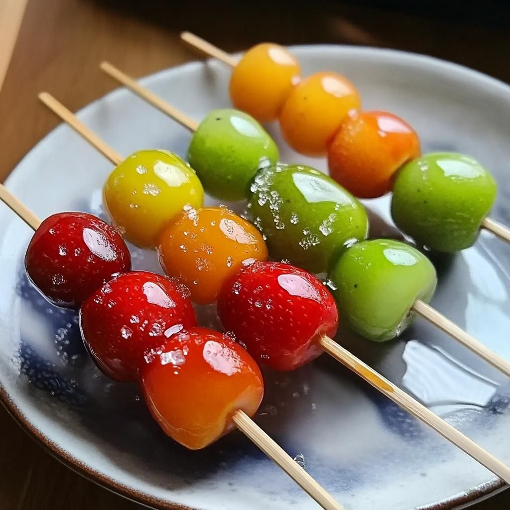 Colorful Tanghulu fruit skewers with strawberries, green apples, and assorted candied fruits coated in a glossy sugar shell and served on a plate.
