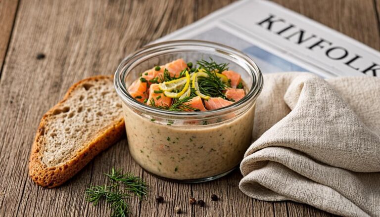 A rustic serving board featuring homemade French rillettes spread on toasted baguette slices with fresh herbs, pickles, cornichons, and a glass of wine, perfect for an elegant apéro.