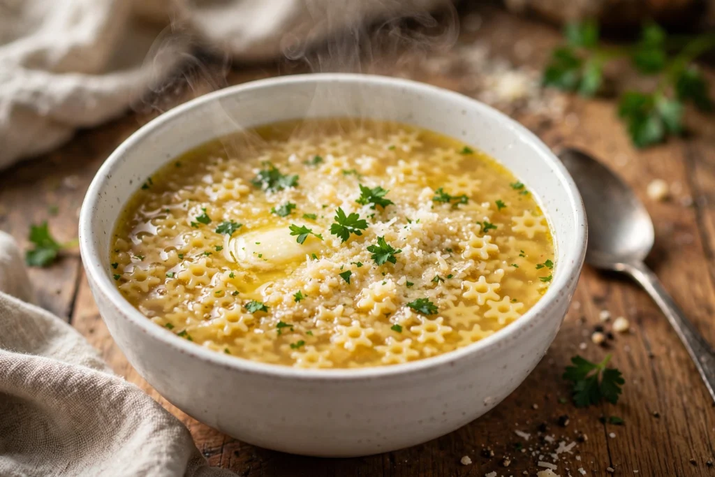 Traditional Italian pastina soup with tiny star pasta, golden chicken broth, Parmesan cheese, parsley, and black pepper.