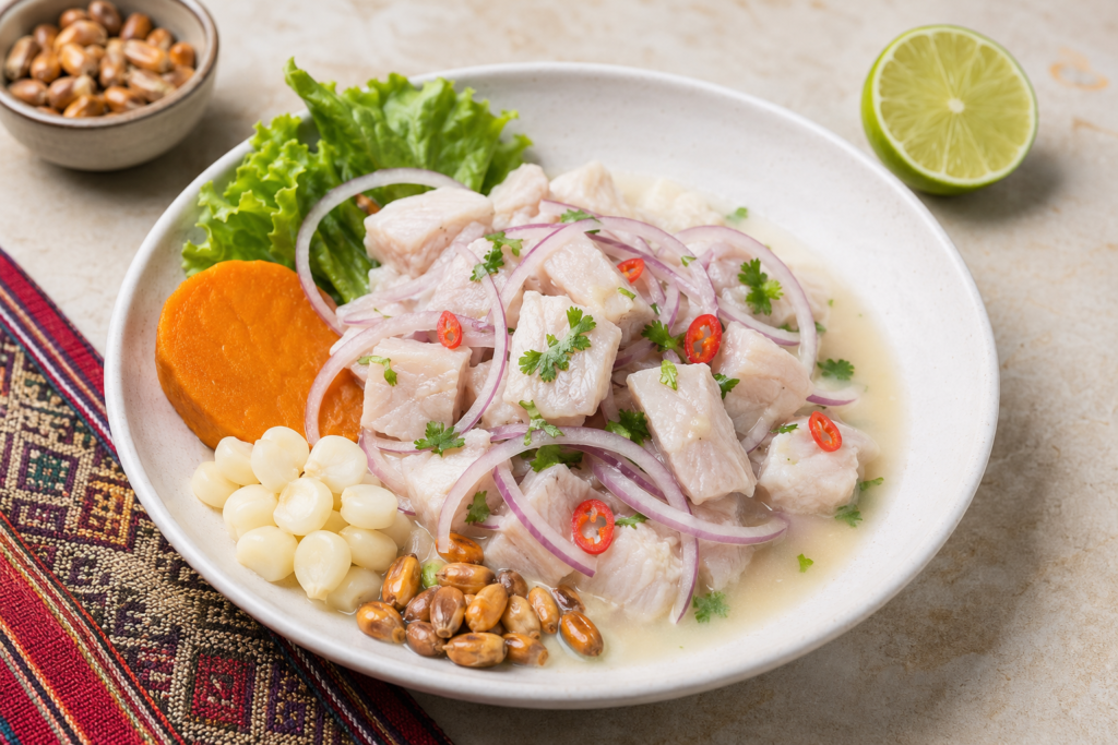 Authentic Peruvian ceviche with white fish, lime, red onion, chili, sweet potato, corn, lettuce, and toasted cancha.