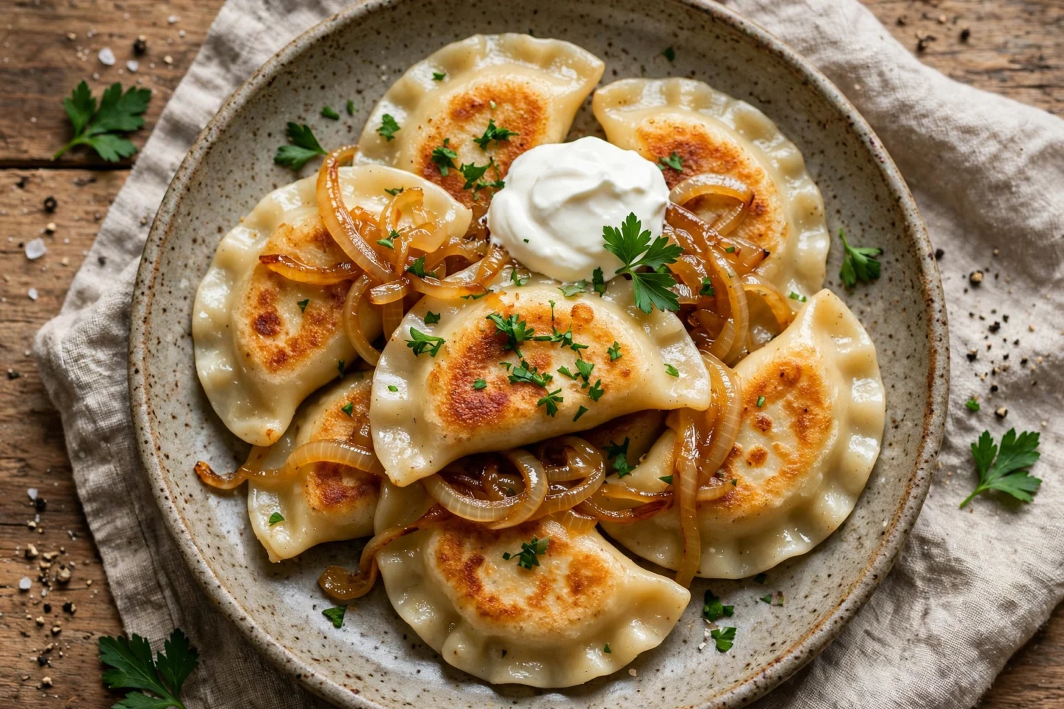 Homemade Polish pierogi with golden butter, caramelized onions, sour cream, and fresh chives.