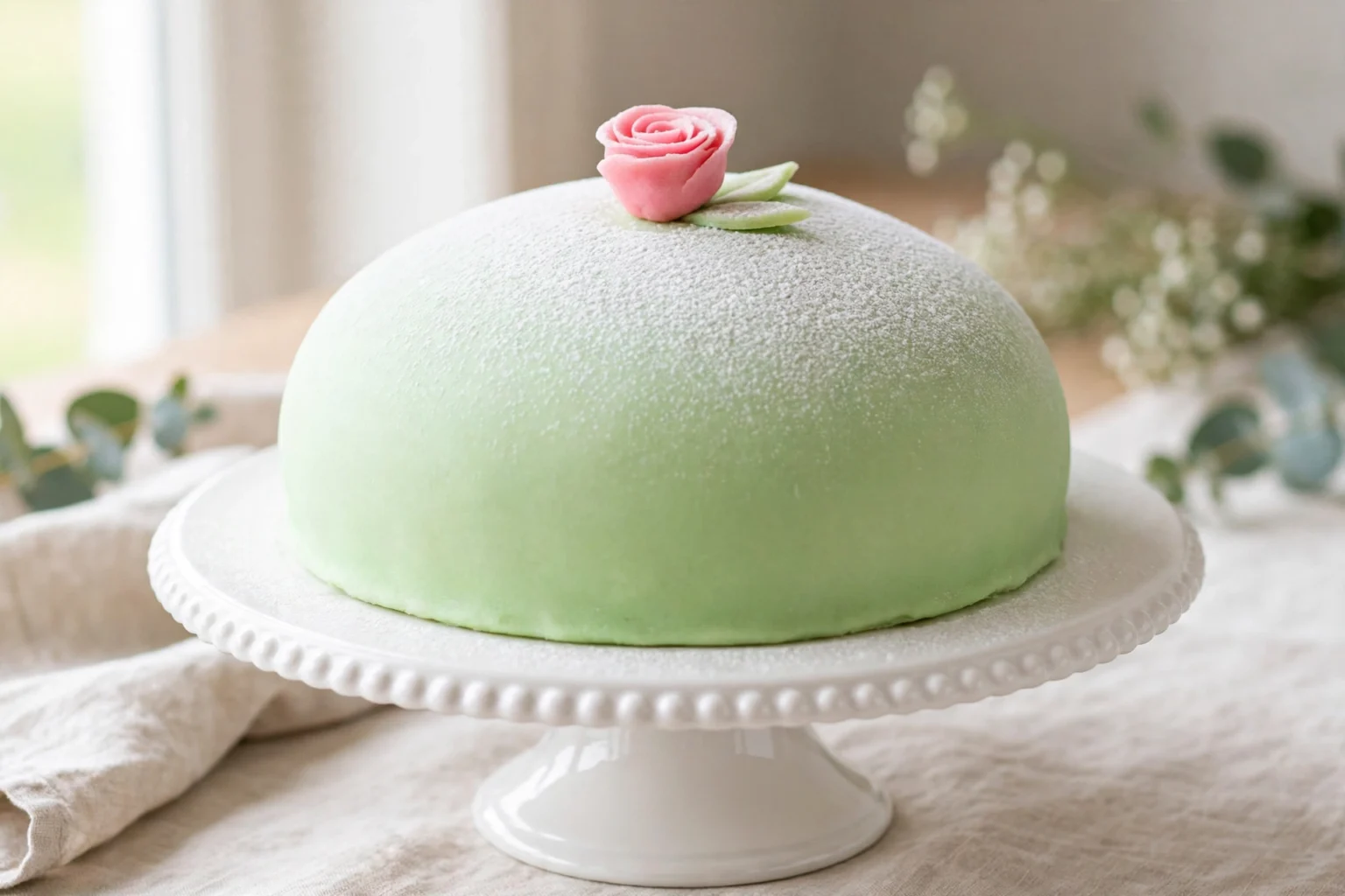 Prinsesstårta Swedish Princess Cake with green marzipan, pink rose, vanilla custard, raspberry jam, sponge, and whipped cream