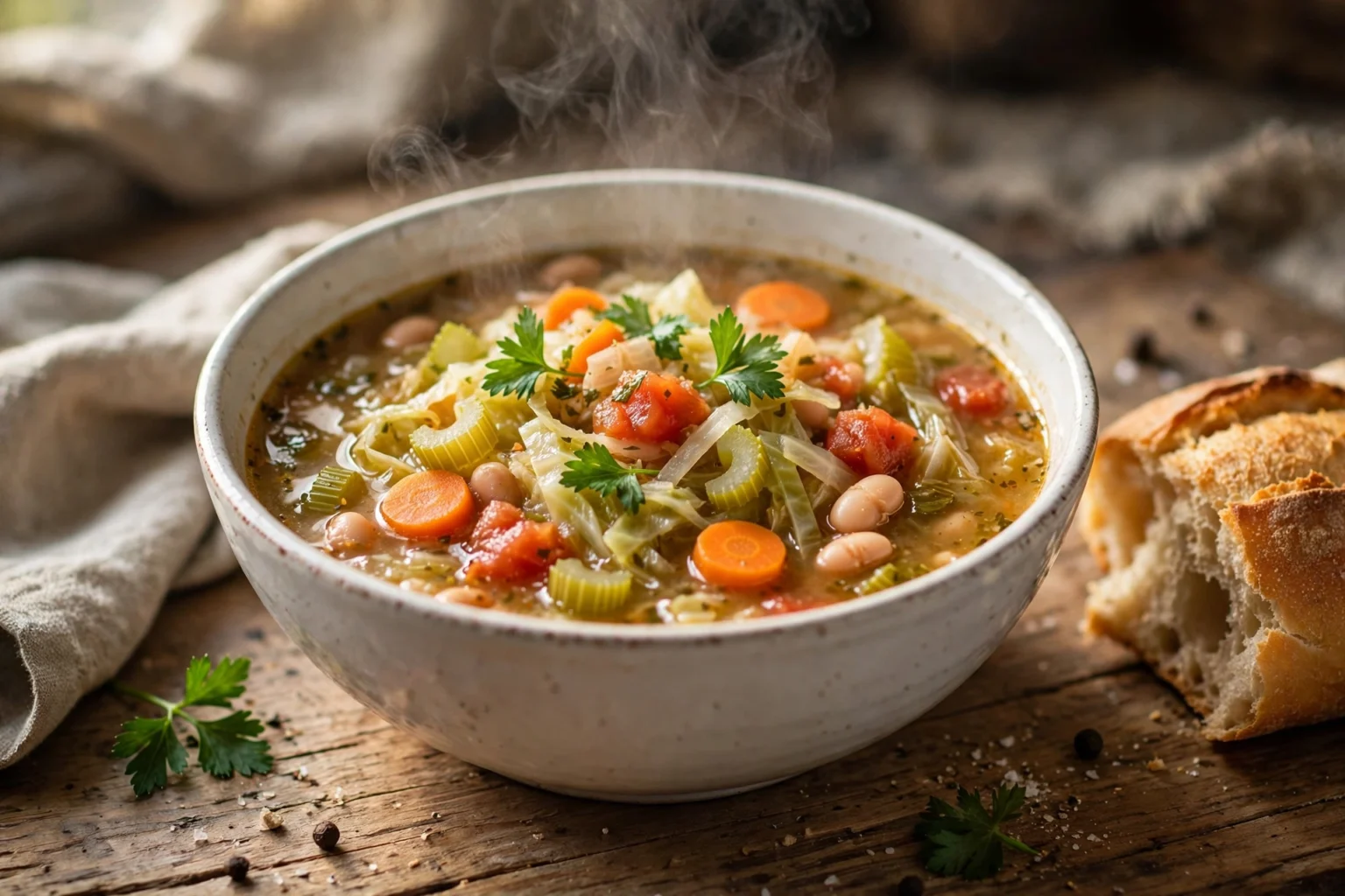 Bowl of budget-friendly cabbage soup with tomatoes, carrots, celery, and white beans served with whole-grain bread